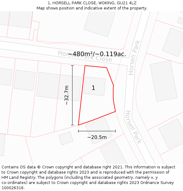 1, HORSELL PARK CLOSE, WOKING, GU21 4LZ: Plot and title map