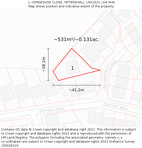 1, HORSESHOE CLOSE, TATTERSHALL, LINCOLN, LN4 4HA: Plot and title map