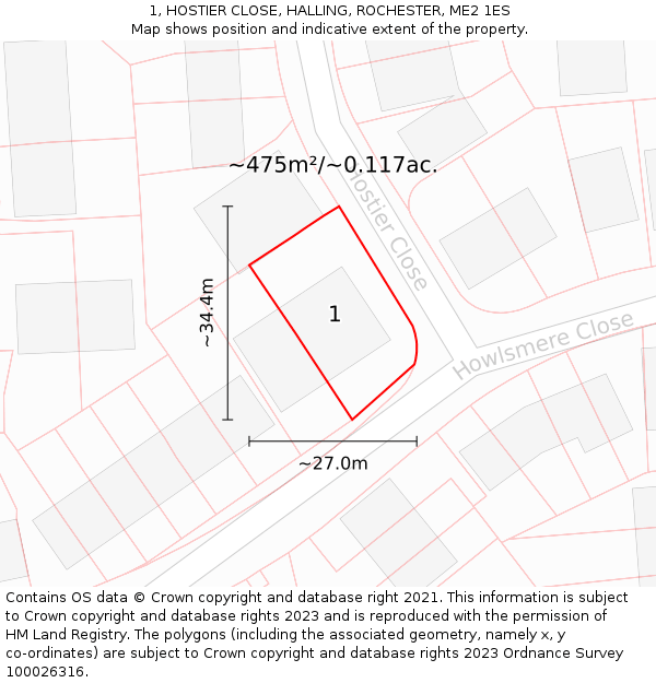 1, HOSTIER CLOSE, HALLING, ROCHESTER, ME2 1ES: Plot and title map