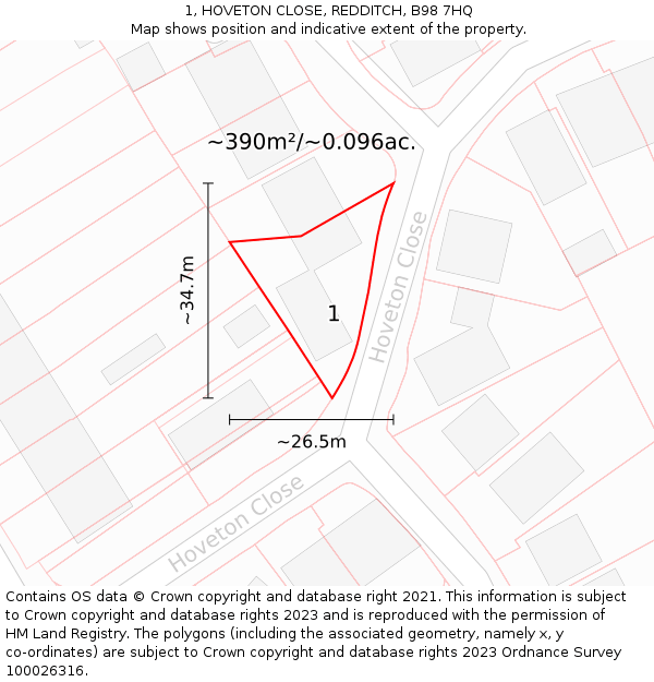 1, HOVETON CLOSE, REDDITCH, B98 7HQ: Plot and title map