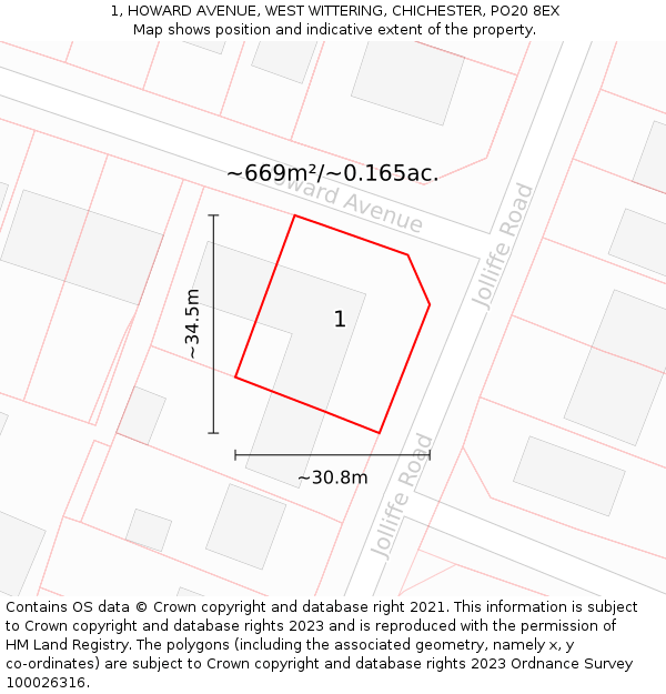 1, HOWARD AVENUE, WEST WITTERING, CHICHESTER, PO20 8EX: Plot and title map