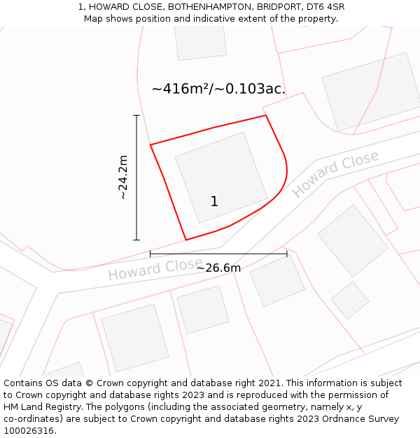 1, HOWARD CLOSE, BOTHENHAMPTON, BRIDPORT, DT6 4SR: Plot and title map