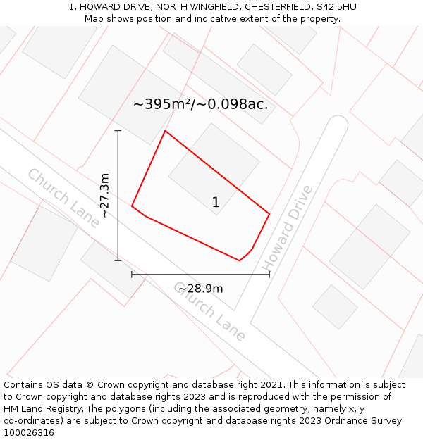 1, HOWARD DRIVE, NORTH WINGFIELD, CHESTERFIELD, S42 5HU: Plot and title map