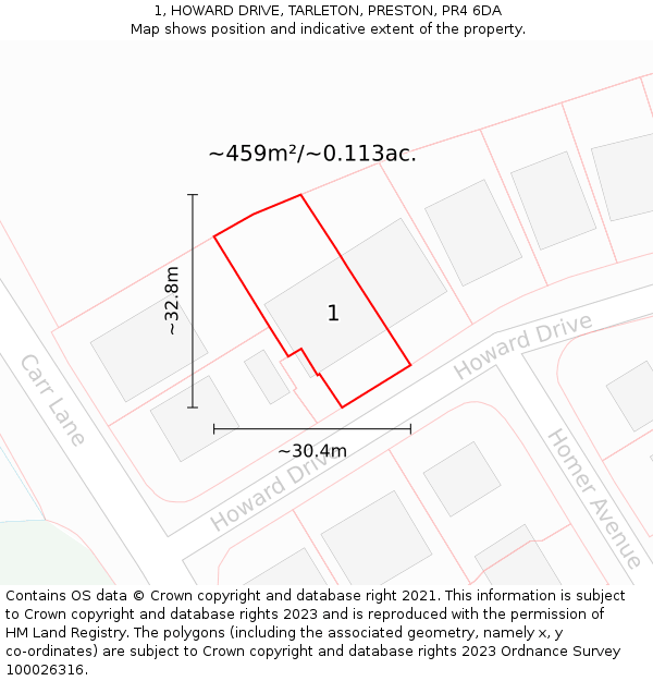1, HOWARD DRIVE, TARLETON, PRESTON, PR4 6DA: Plot and title map