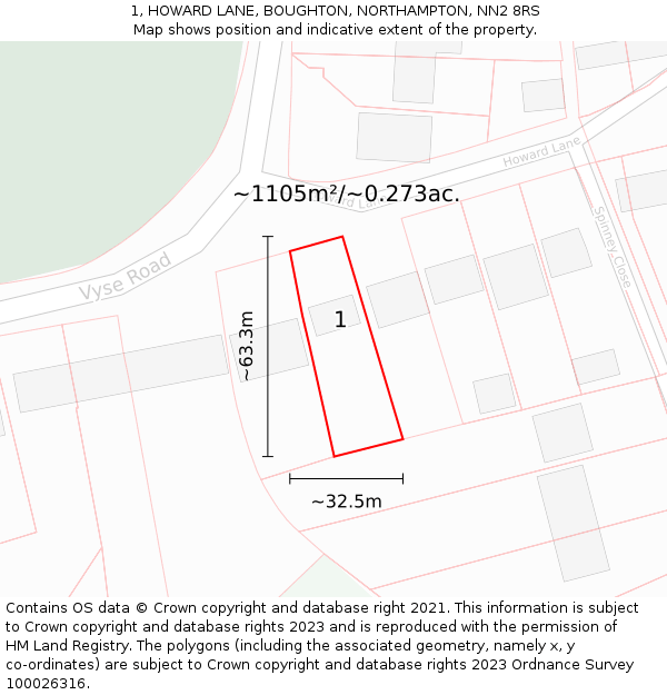 1, HOWARD LANE, BOUGHTON, NORTHAMPTON, NN2 8RS: Plot and title map
