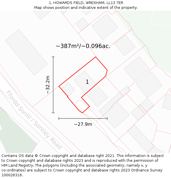 1, HOWARDS FIELD, WREXHAM, LL13 7ER: Plot and title map