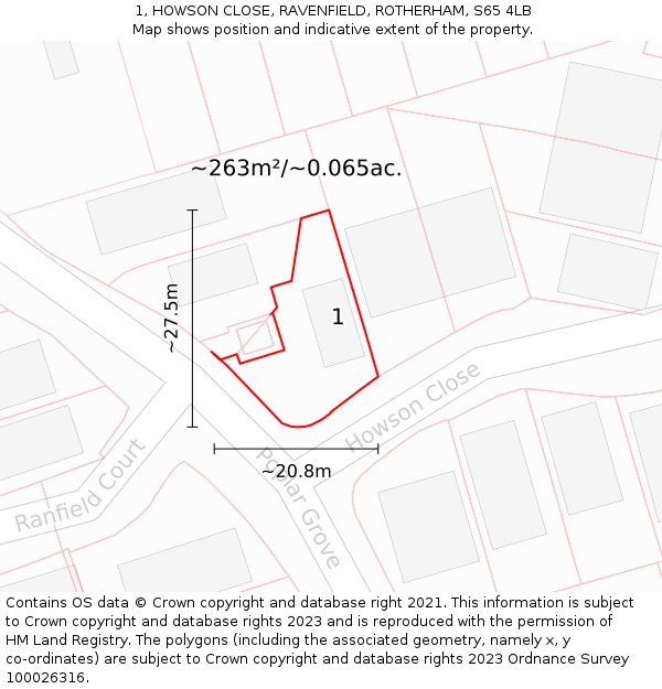 1, HOWSON CLOSE, RAVENFIELD, ROTHERHAM, S65 4LB: Plot and title map