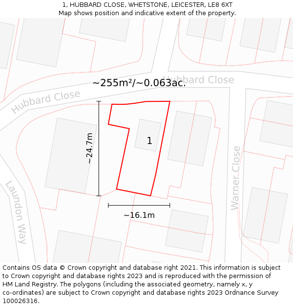 1, HUBBARD CLOSE, WHETSTONE, LEICESTER, LE8 6XT: Plot and title map