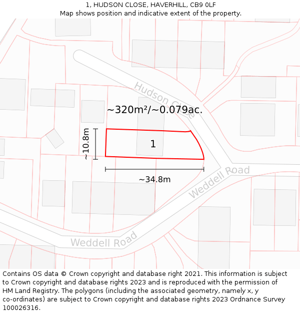 1, HUDSON CLOSE, HAVERHILL, CB9 0LF: Plot and title map
