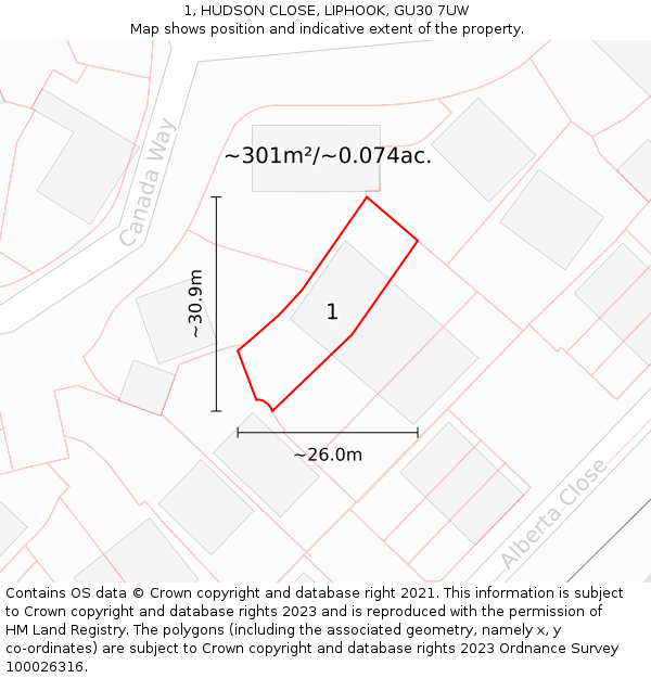 1, HUDSON CLOSE, LIPHOOK, GU30 7UW: Plot and title map