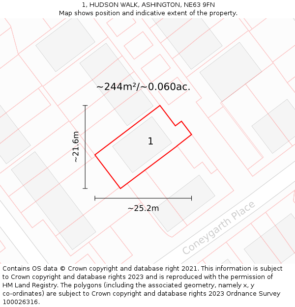 1, HUDSON WALK, ASHINGTON, NE63 9FN: Plot and title map