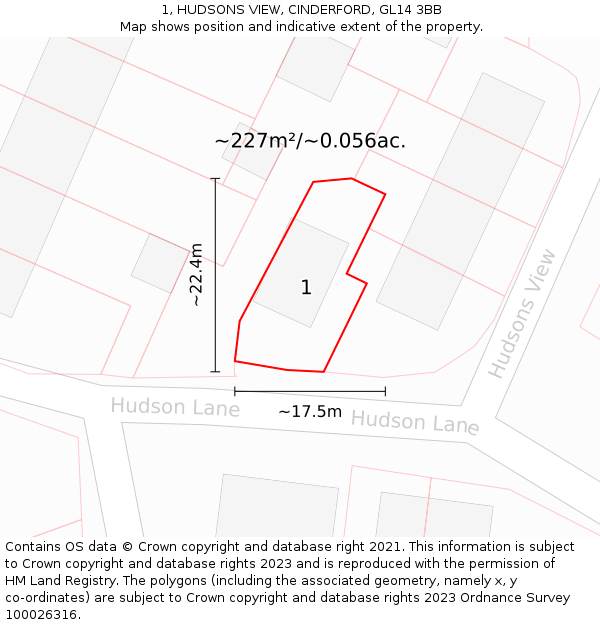 1, HUDSONS VIEW, CINDERFORD, GL14 3BB: Plot and title map