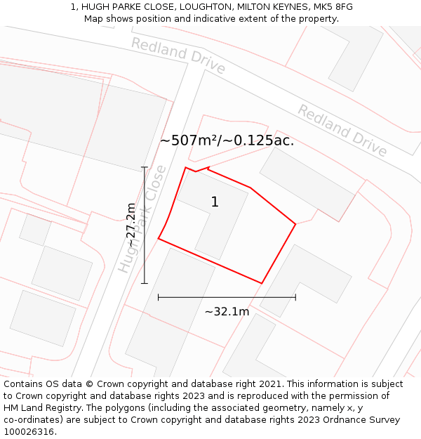 1, HUGH PARKE CLOSE, LOUGHTON, MILTON KEYNES, MK5 8FG: Plot and title map