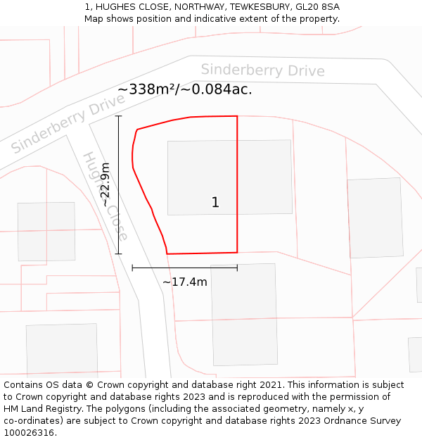1, HUGHES CLOSE, NORTHWAY, TEWKESBURY, GL20 8SA: Plot and title map