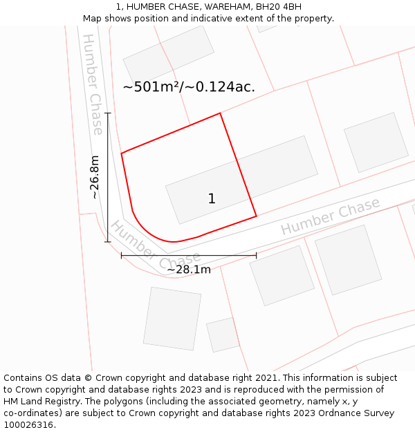 1, HUMBER CHASE, WAREHAM, BH20 4BH: Plot and title map