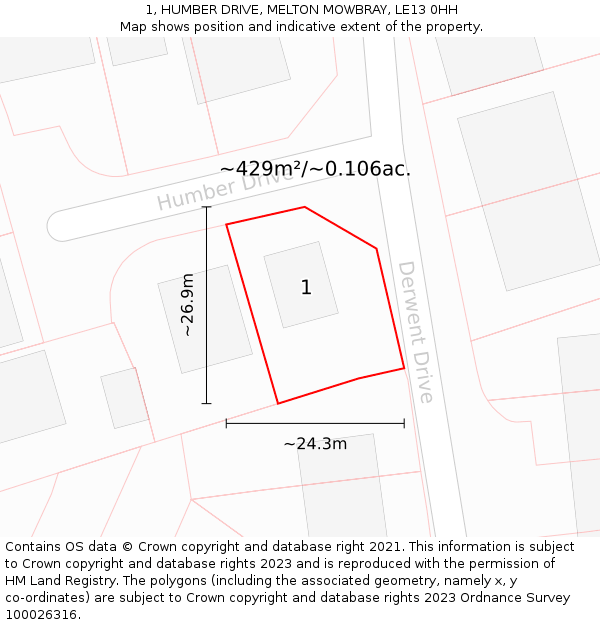 1, HUMBER DRIVE, MELTON MOWBRAY, LE13 0HH: Plot and title map