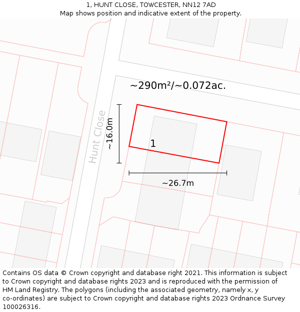 1, HUNT CLOSE, TOWCESTER, NN12 7AD: Plot and title map