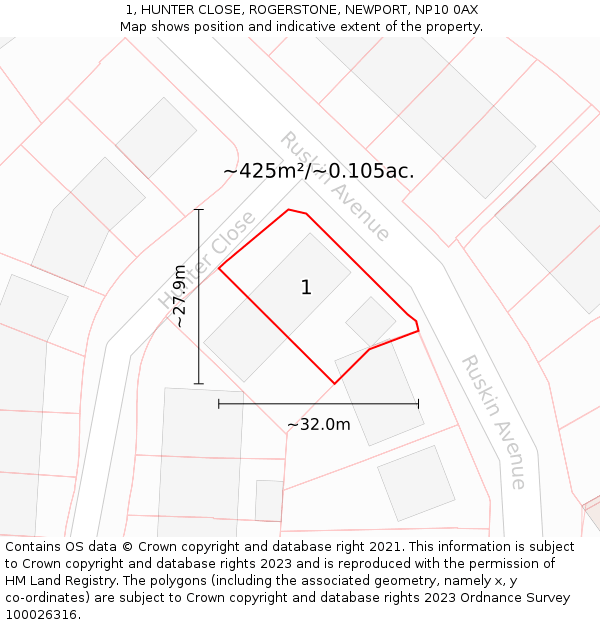 1, HUNTER CLOSE, ROGERSTONE, NEWPORT, NP10 0AX: Plot and title map