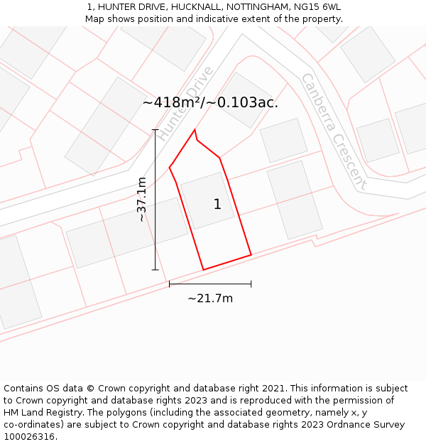 1, HUNTER DRIVE, HUCKNALL, NOTTINGHAM, NG15 6WL: Plot and title map
