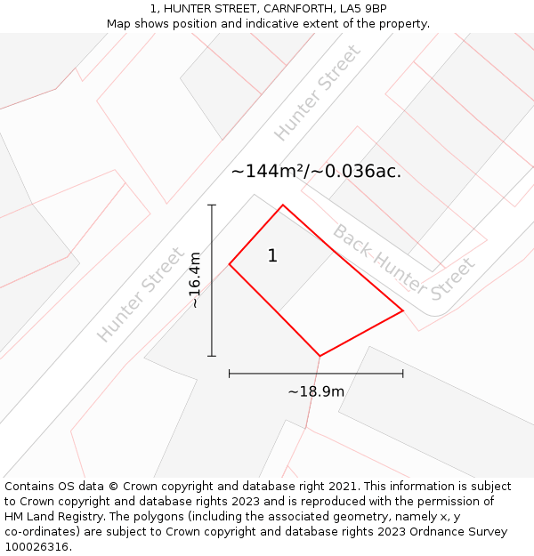 1, HUNTER STREET, CARNFORTH, LA5 9BP: Plot and title map