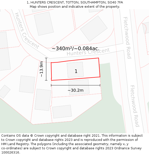 1, HUNTERS CRESCENT, TOTTON, SOUTHAMPTON, SO40 7FA: Plot and title map