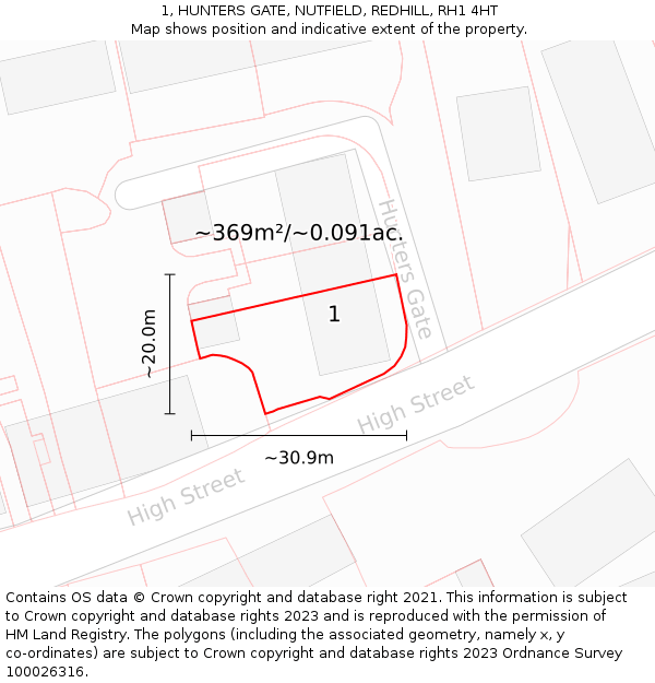 1, HUNTERS GATE, NUTFIELD, REDHILL, RH1 4HT: Plot and title map