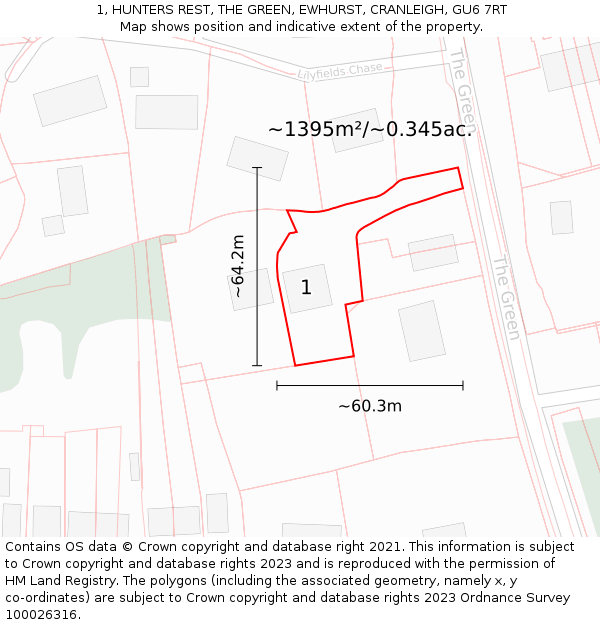 1, HUNTERS REST, THE GREEN, EWHURST, CRANLEIGH, GU6 7RT: Plot and title map