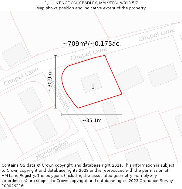 1, HUNTINGDON, CRADLEY, MALVERN, WR13 5JZ: Plot and title map