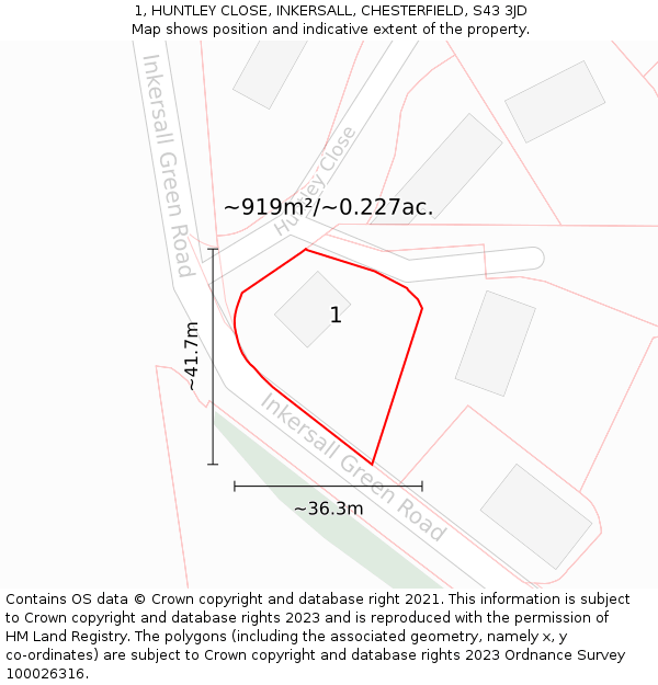 1, HUNTLEY CLOSE, INKERSALL, CHESTERFIELD, S43 3JD: Plot and title map