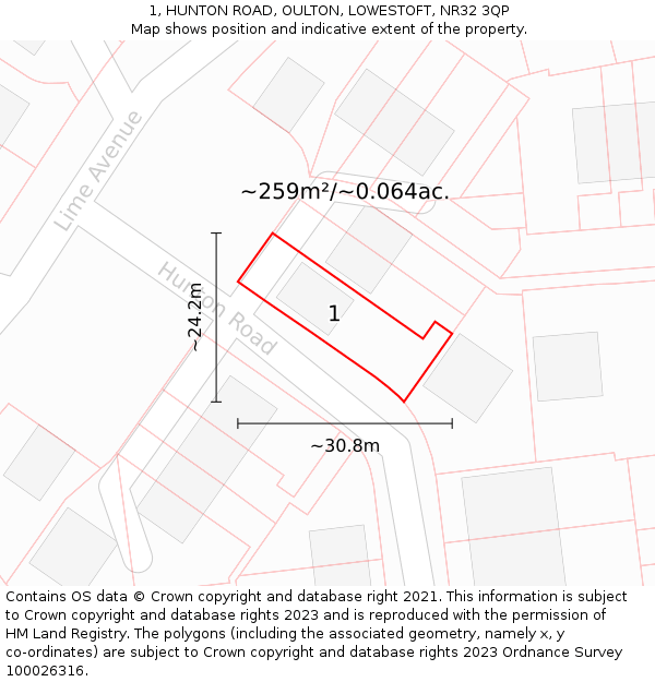 1, HUNTON ROAD, OULTON, LOWESTOFT, NR32 3QP: Plot and title map