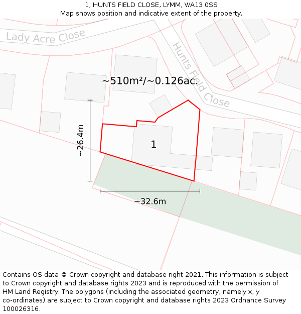 1, HUNTS FIELD CLOSE, LYMM, WA13 0SS: Plot and title map