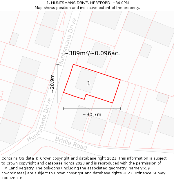 1, HUNTSMANS DRIVE, HEREFORD, HR4 0PN: Plot and title map