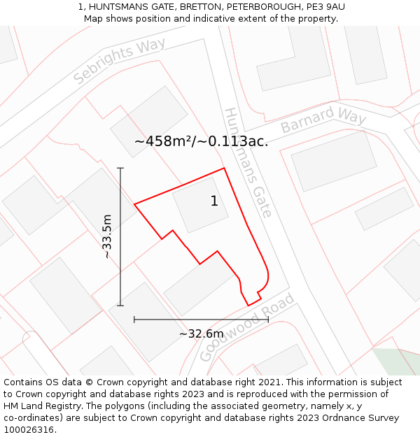 1, HUNTSMANS GATE, BRETTON, PETERBOROUGH, PE3 9AU: Plot and title map