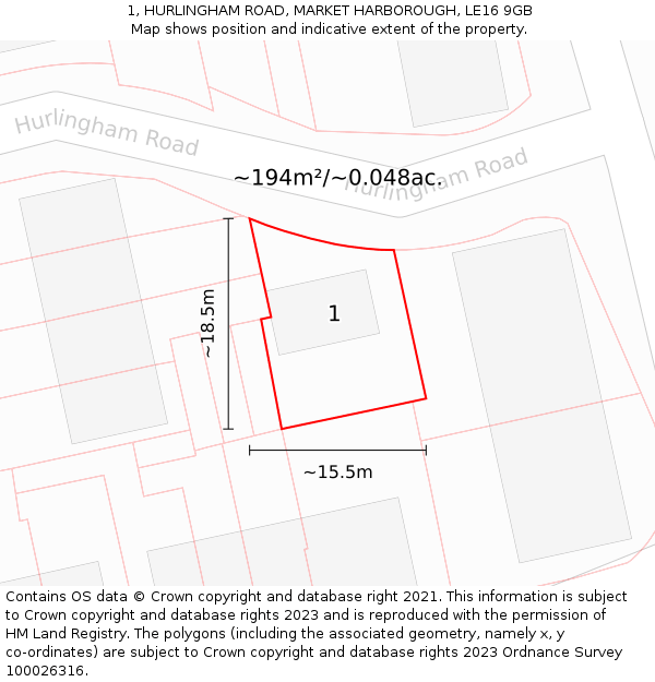 1, HURLINGHAM ROAD, MARKET HARBOROUGH, LE16 9GB: Plot and title map