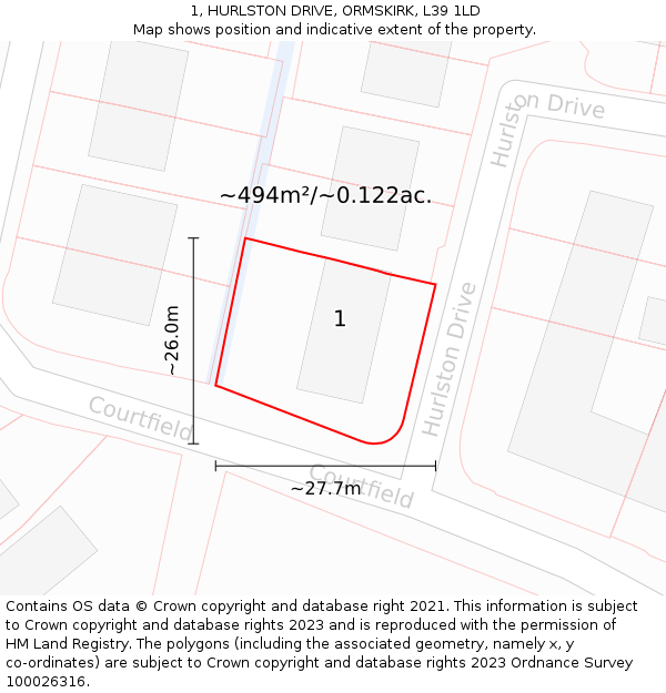1, HURLSTON DRIVE, ORMSKIRK, L39 1LD: Plot and title map