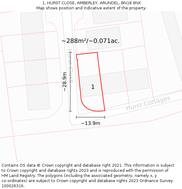 1, HURST CLOSE, AMBERLEY, ARUNDEL, BN18 9NX: Plot and title map