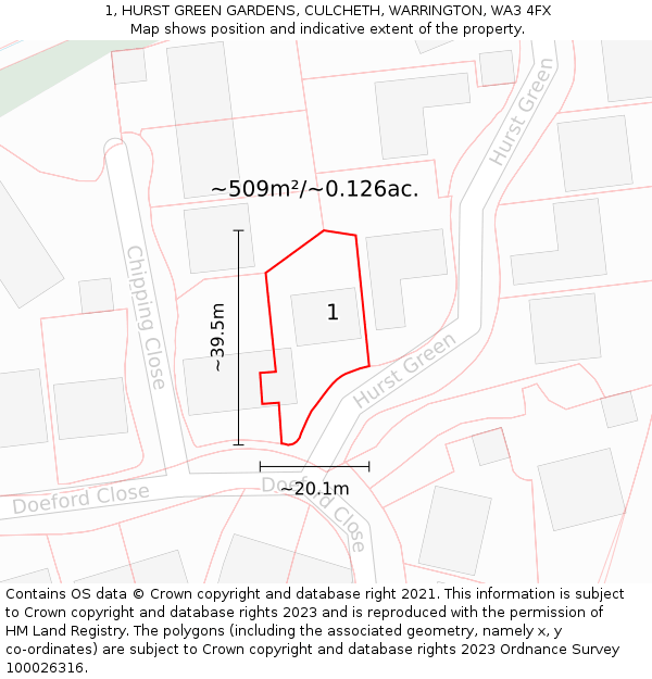 1, HURST GREEN GARDENS, CULCHETH, WARRINGTON, WA3 4FX: Plot and title map