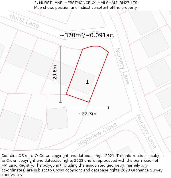 1, HURST LANE, HERSTMONCEUX, HAILSHAM, BN27 4TS: Plot and title map