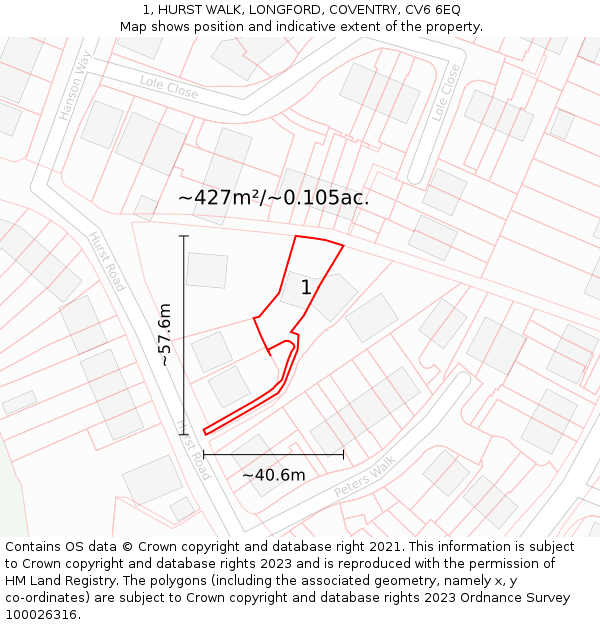 1, HURST WALK, LONGFORD, COVENTRY, CV6 6EQ: Plot and title map