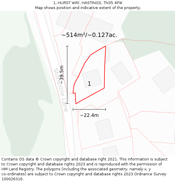 1, HURST WAY, HASTINGS, TN35 4PW: Plot and title map
