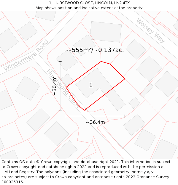 1, HURSTWOOD CLOSE, LINCOLN, LN2 4TX: Plot and title map