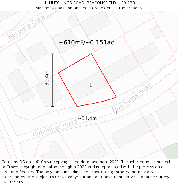 1, HUTCHINGS ROAD, BEACONSFIELD, HP9 2BB: Plot and title map