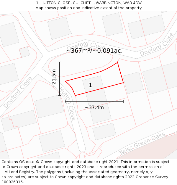 1, HUTTON CLOSE, CULCHETH, WARRINGTON, WA3 4DW: Plot and title map