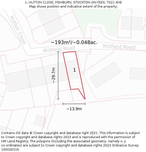 1, HUTTON CLOSE, FISHBURN, STOCKTON-ON-TEES, TS21 4HE: Plot and title map