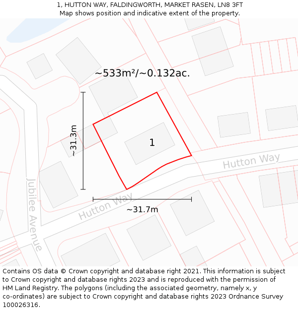 1, HUTTON WAY, FALDINGWORTH, MARKET RASEN, LN8 3FT: Plot and title map