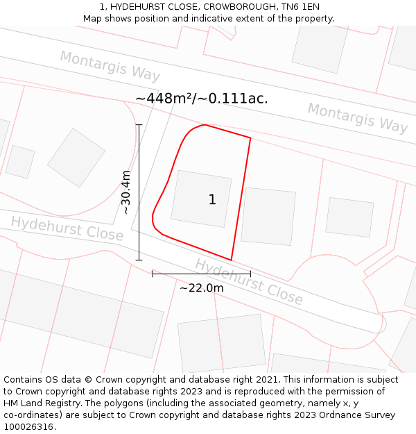 1, HYDEHURST CLOSE, CROWBOROUGH, TN6 1EN: Plot and title map