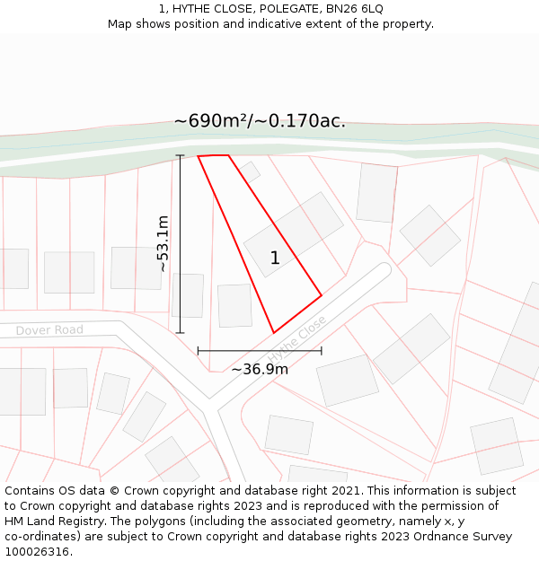 1, HYTHE CLOSE, POLEGATE, BN26 6LQ: Plot and title map