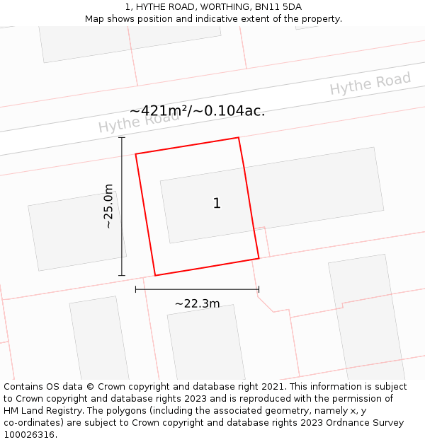 1, HYTHE ROAD, WORTHING, BN11 5DA: Plot and title map
