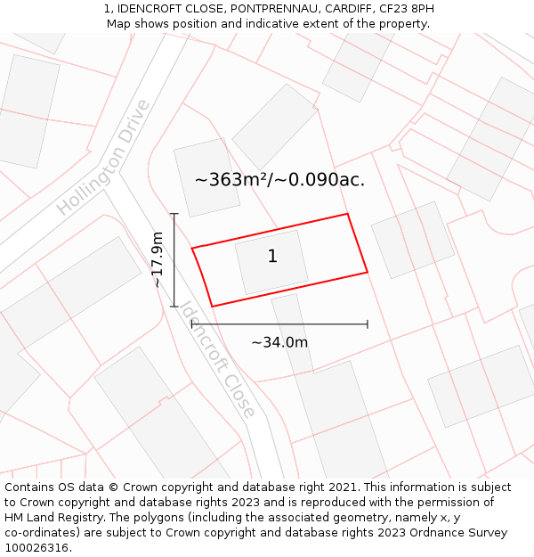 1, IDENCROFT CLOSE, PONTPRENNAU, CARDIFF, CF23 8PH: Plot and title map