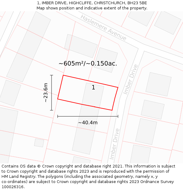 1, IMBER DRIVE, HIGHCLIFFE, CHRISTCHURCH, BH23 5BE: Plot and title map